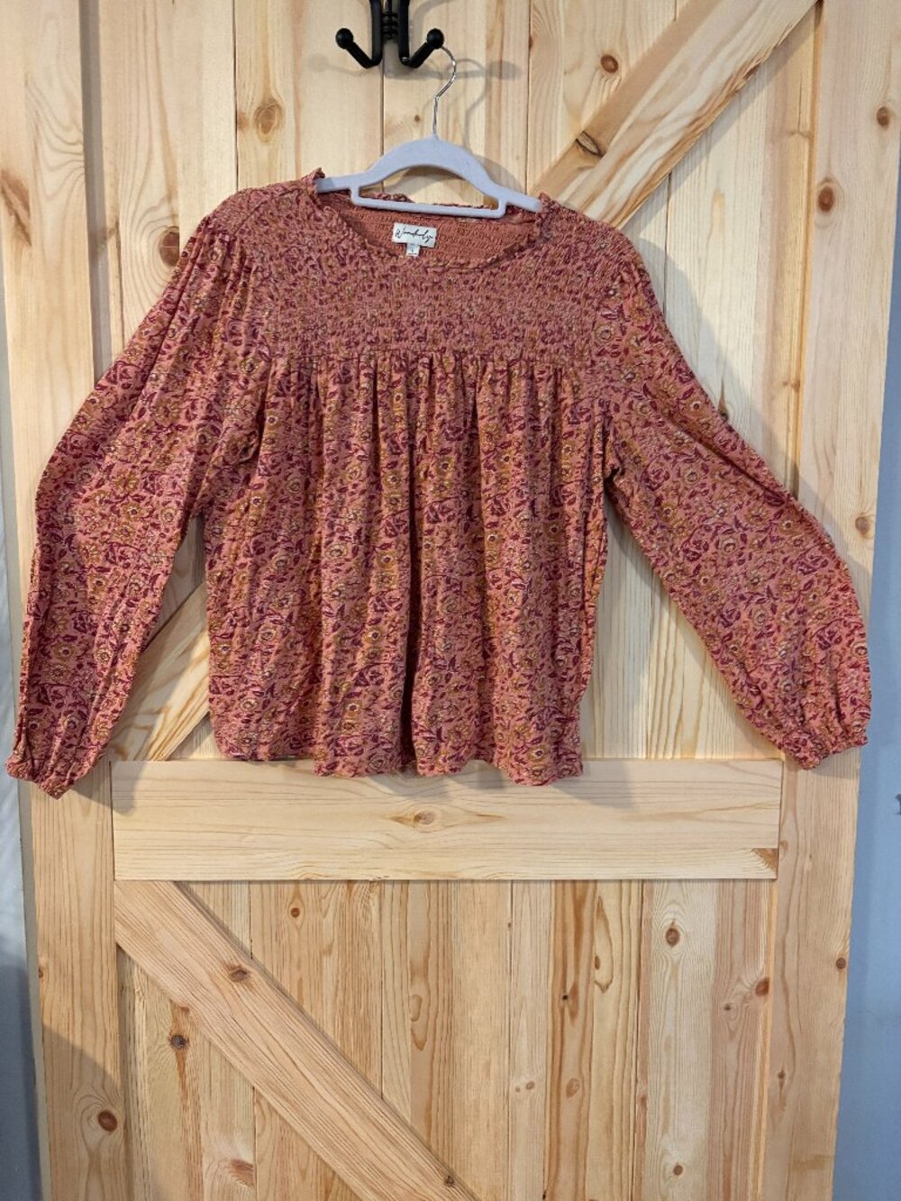 Wonderly Boho Smocked Blouse Floral Peasant Top Long Sleeve Size L